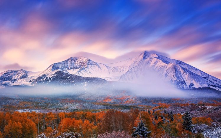 autumn, Mountains, Snow, Morning, Sky, Forest HD Wallpaper Desktop Background