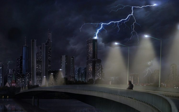 clouds, Night, Lightning, Girl, City HD Wallpaper Desktop Background