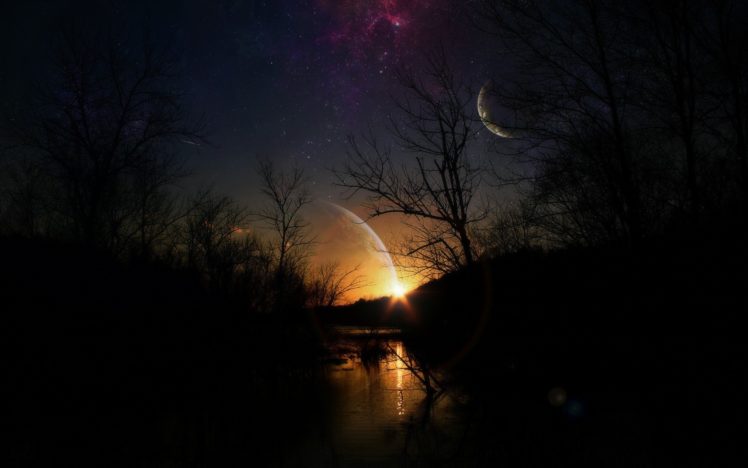 night, Forest, Mist, Sky, Planet, River, Light HD Wallpaper Desktop Background