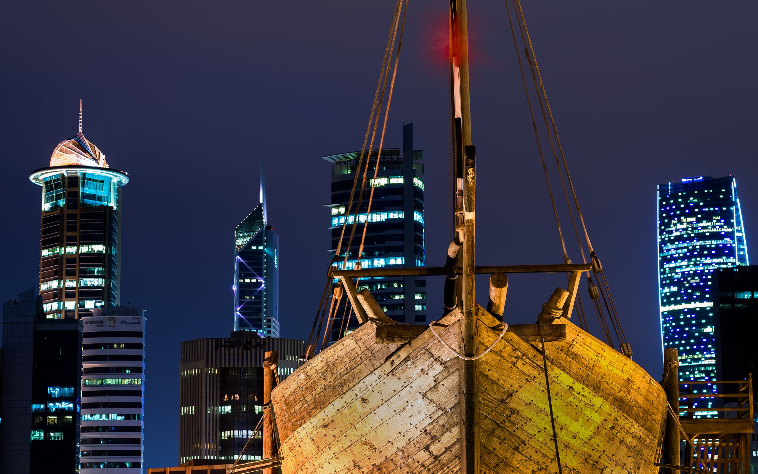 boat, Buildings, Skyscrapers, Night Wallpaper