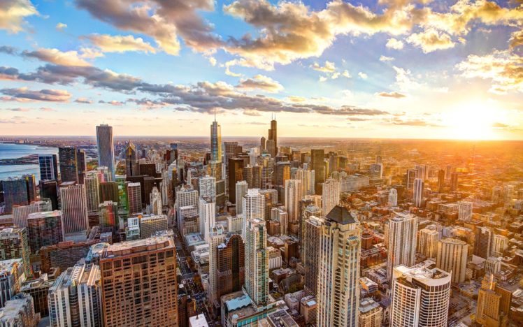 buildings, Skyscrapers, Chicago, Sunlight, Clouds, Sunset HD Wallpaper Desktop Background