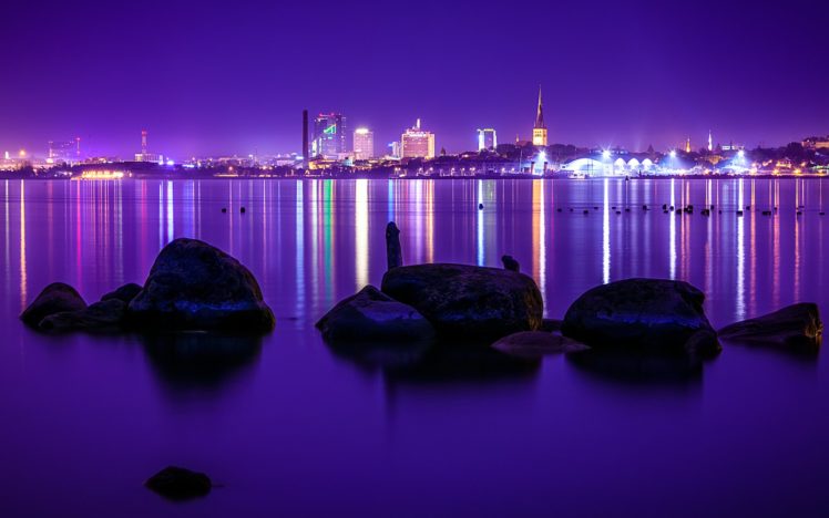 buildings, Purple, Rocks, Stones, Lights, Ocean HD Wallpaper Desktop Background