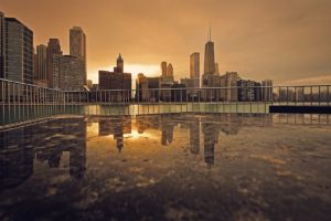 chicago, Reflection, Sunset, Wet, Buildings, Skyscrapers, Lights