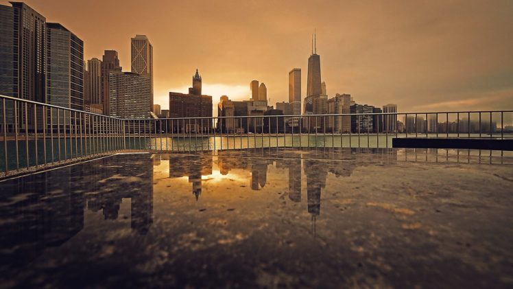 chicago, Reflection, Sunset, Wet, Buildings, Skyscrapers, Lights HD Wallpaper Desktop Background