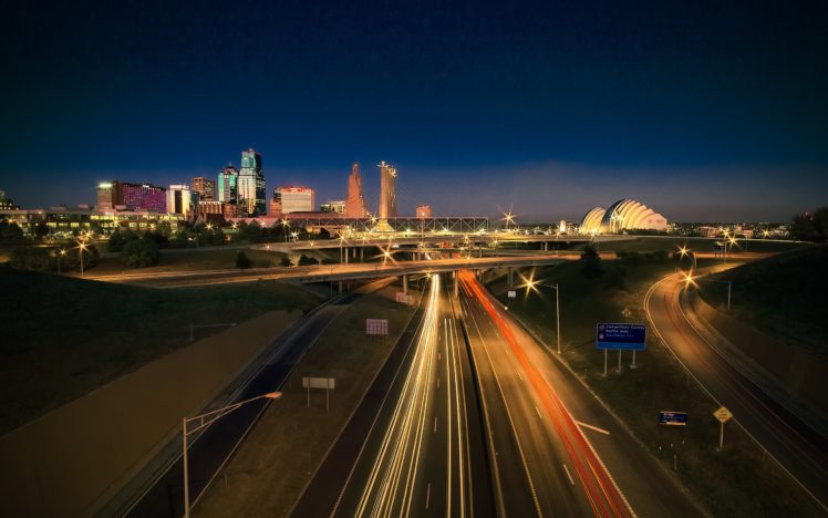 freeway, Timelapse, Lights, Buildings, Highway, Road, Bridge, Interchange HD Wallpaper Desktop Background