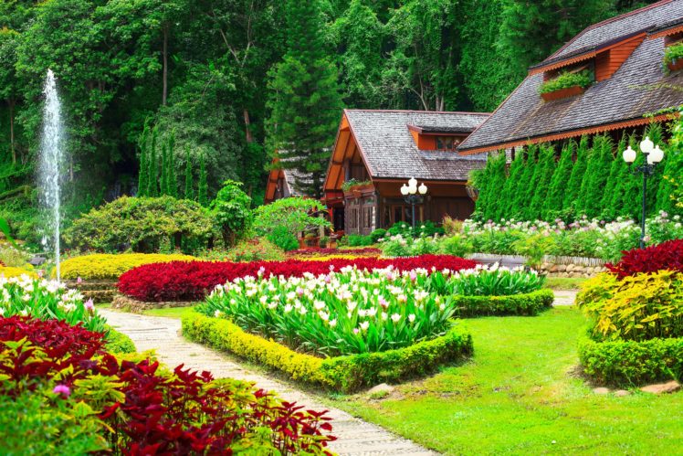 gardens, Tulips, Houses, Shrubs, Grass, Nature HD Wallpaper Desktop Background