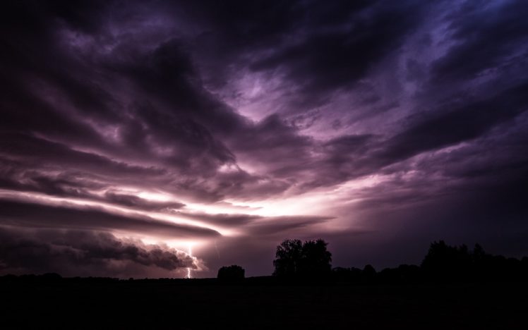lightning, Clouds, Trees, Nature, Evening HD Wallpaper Desktop Background