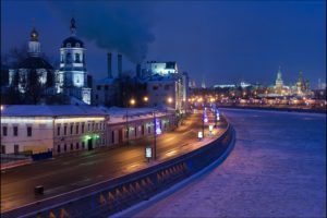 russia, Moscow, Houses, Roads, Night, Street, Lights, Cities