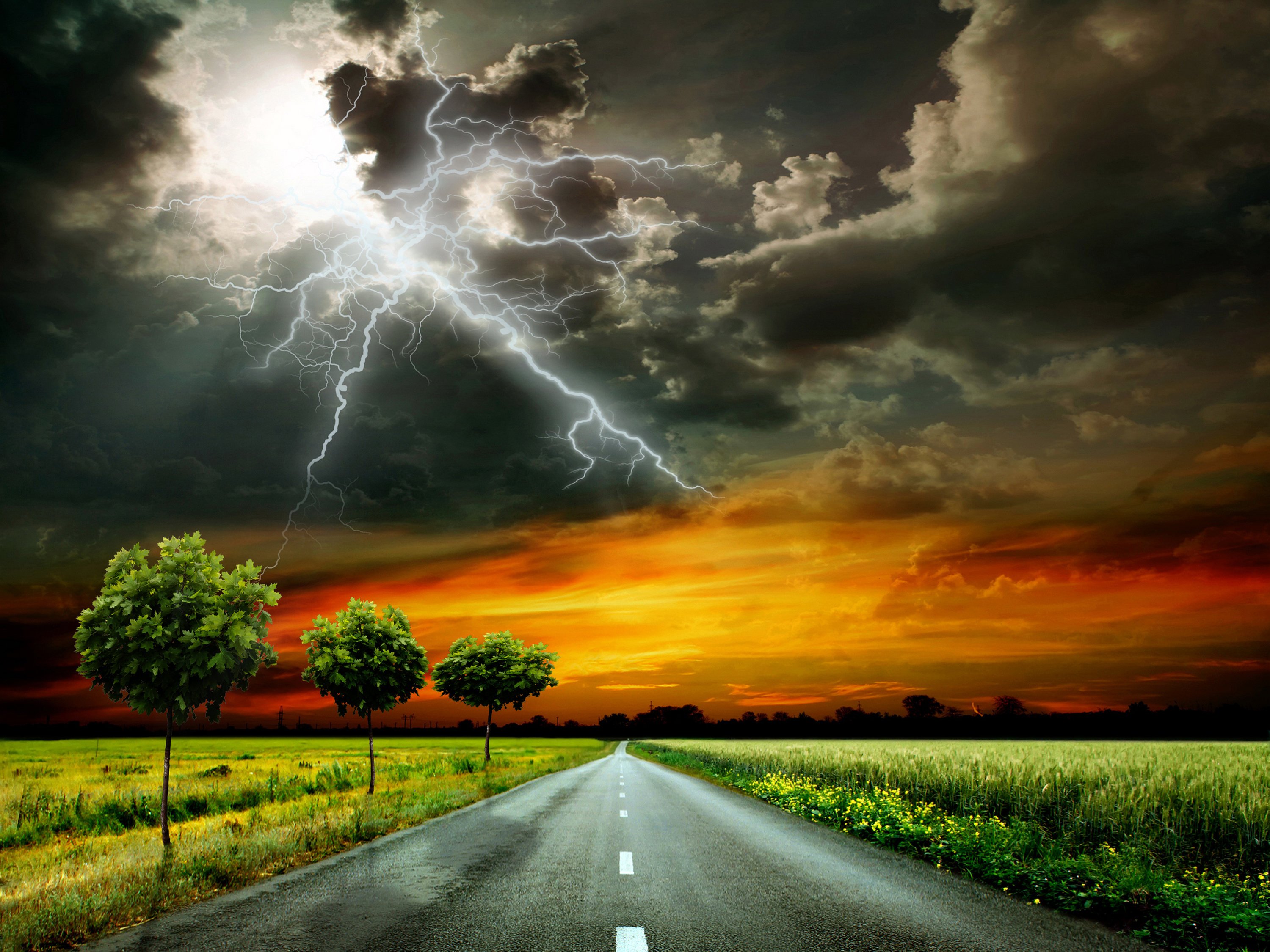 scenery, Roads, Sky, Grass, Clouds, Lightning, Trees, Thundercloud, Nature Wallpaper