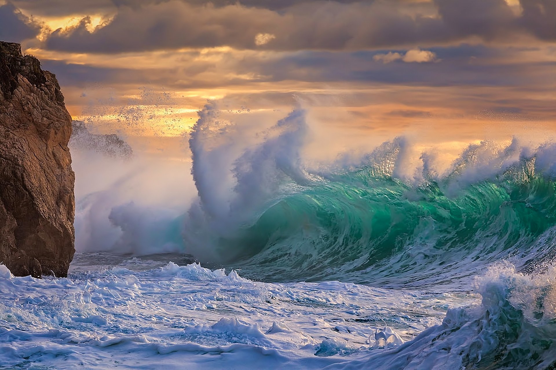 sea, Ocean, Storm, Element, Water, Foam, Rock, Clouds, Sunset Wallpaper