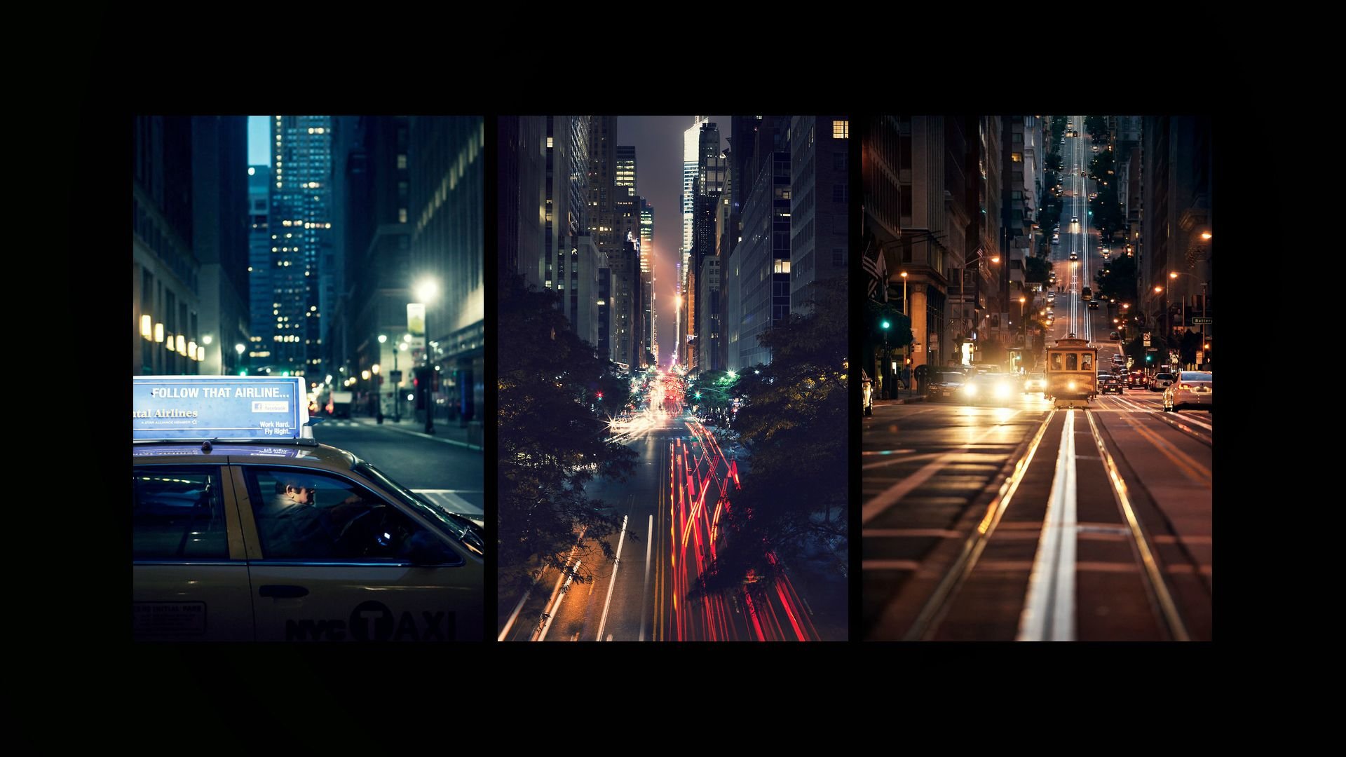 street, Night, Taxi, Buildings, Trolley, Lights, Timelapse, Black Wallpaper