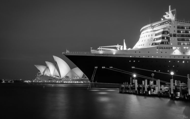 sydney, Sydney, Opera, House, Night, Bw, Ship, Cruise, Ship HD Wallpaper Desktop Background