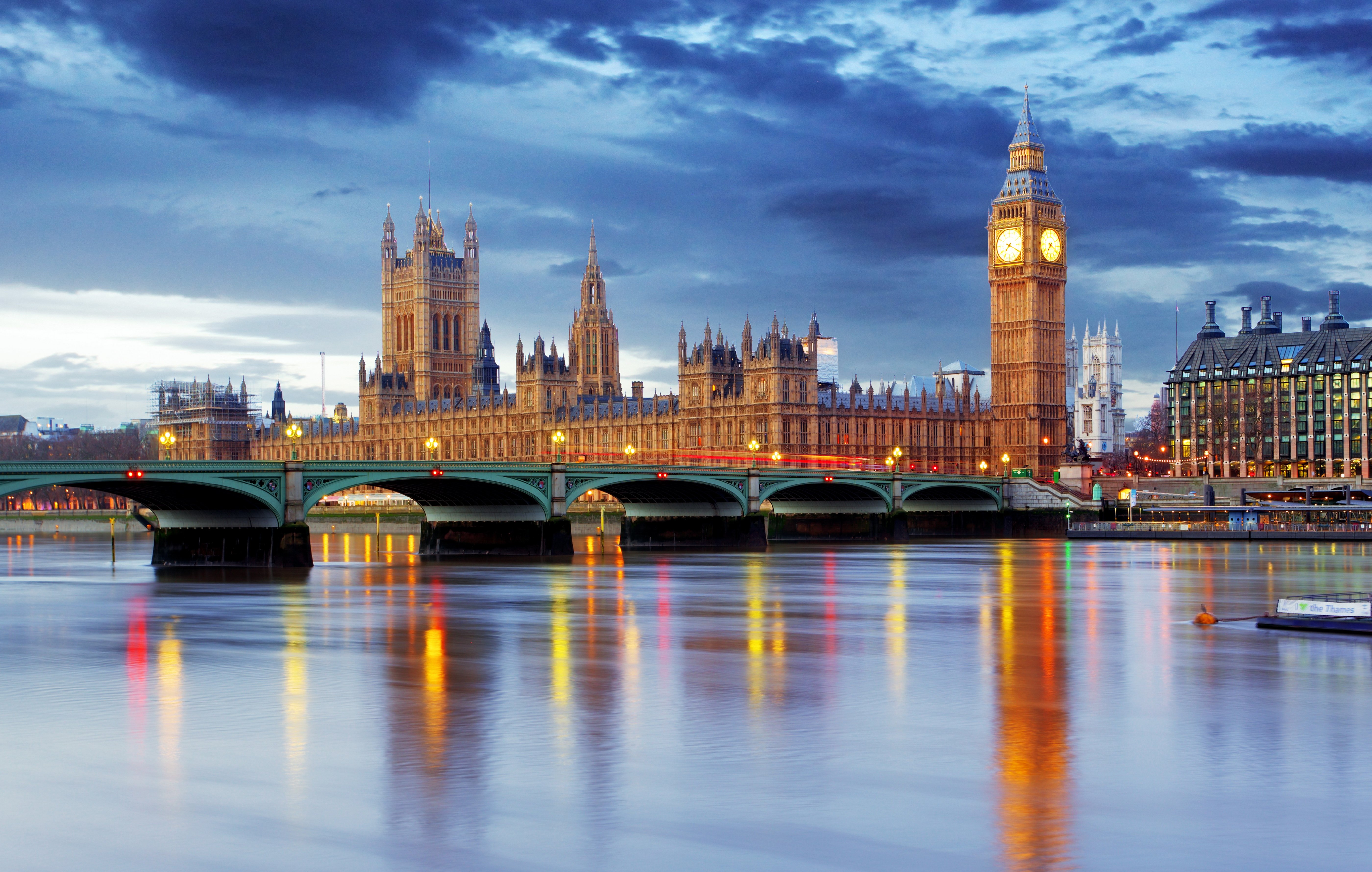 United Kingdom Rivers Bridges Houses Sky London Big Ben Cities 