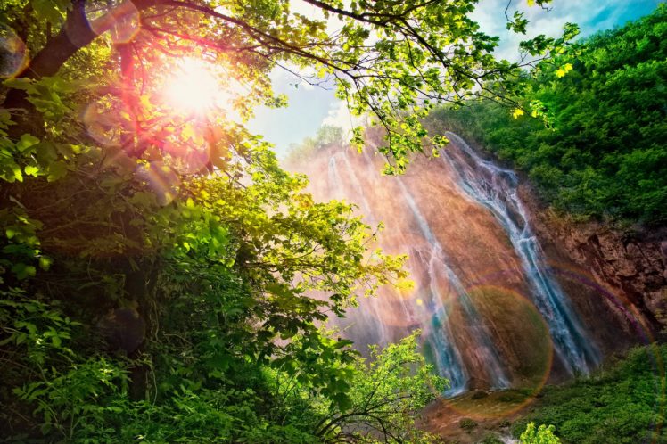 waterfalls, Rays, Of, Light, Branches, Nature HD Wallpaper Desktop Background