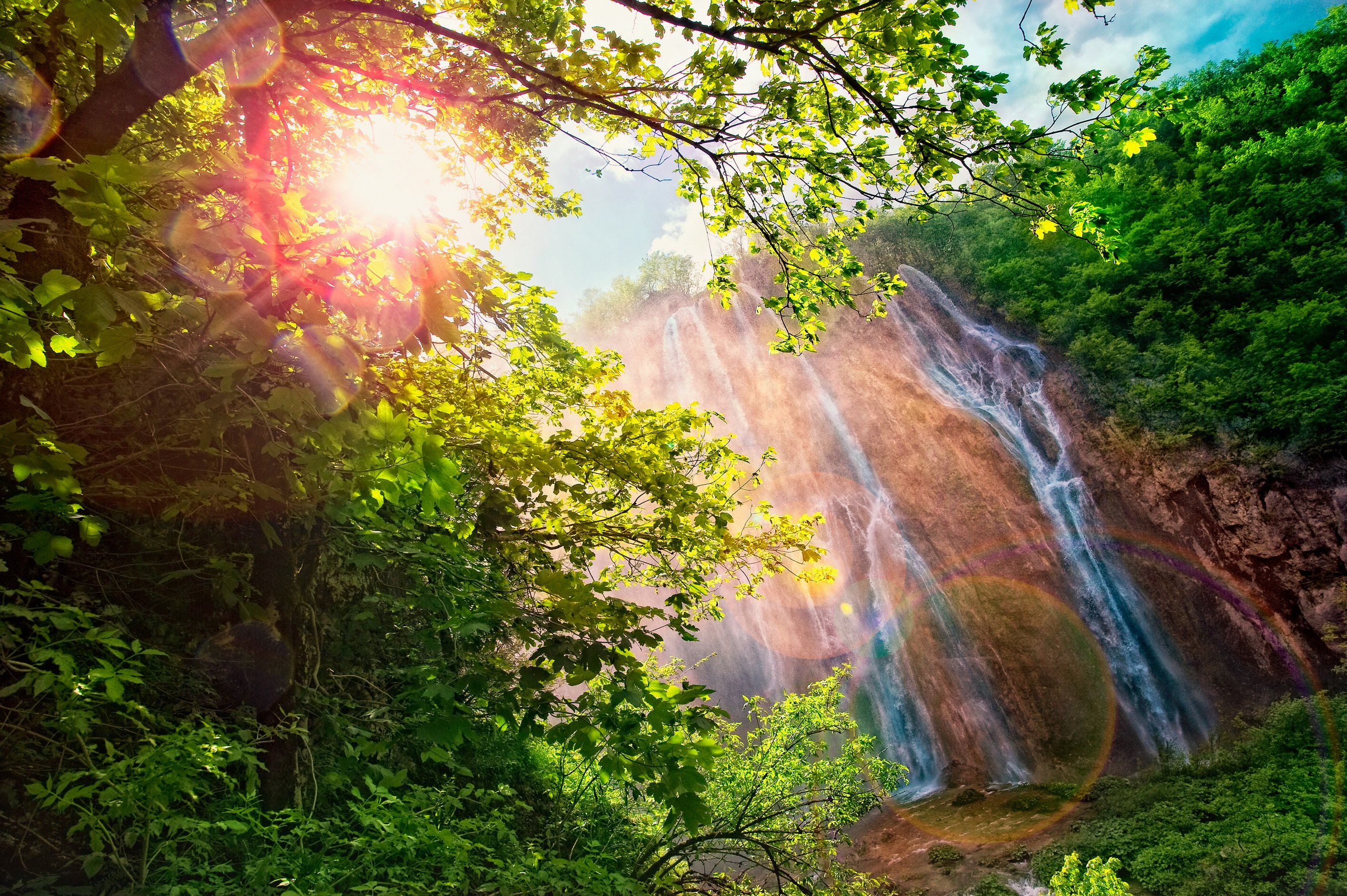 waterfalls, Rays, Of, Light, Branches, Nature Wallpaper