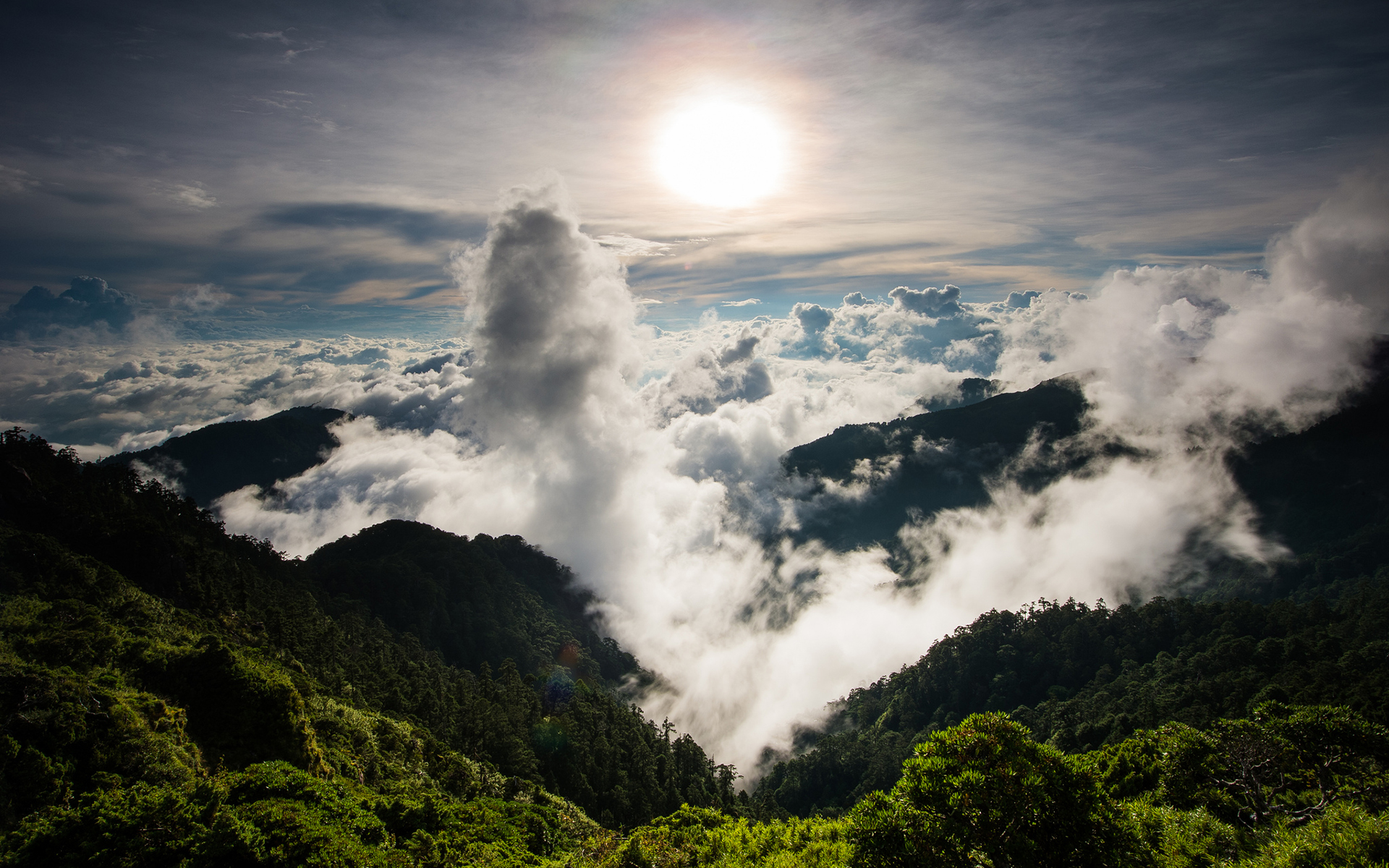 landscapes, Hills, Trees, Forest, Woods, Clouds, Fog, Sky, Sunlight, Sunset, Sunrise Wallpaper