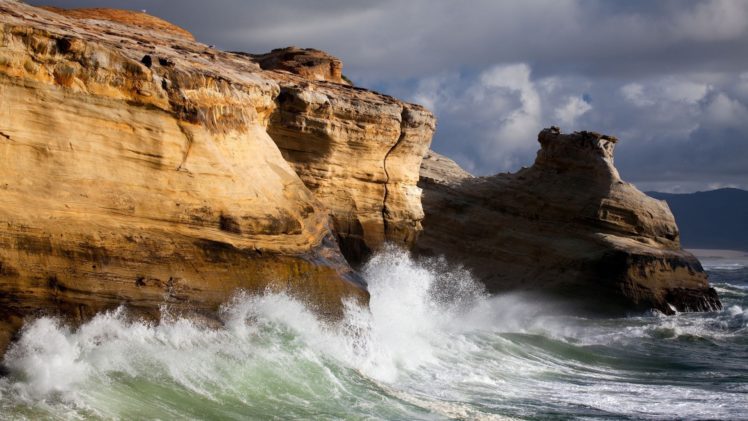 landscapes, Cliff, Islands, Waves, Swell, Splash, Drops, Spray, Sky, Clouds HD Wallpaper Desktop Background