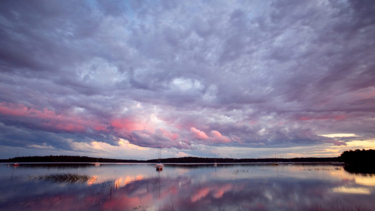reflection, Landscapes, Sky, Clouds, Sunrise, Sunset, Watercrafts, Boats HD Wallpaper Desktop Background