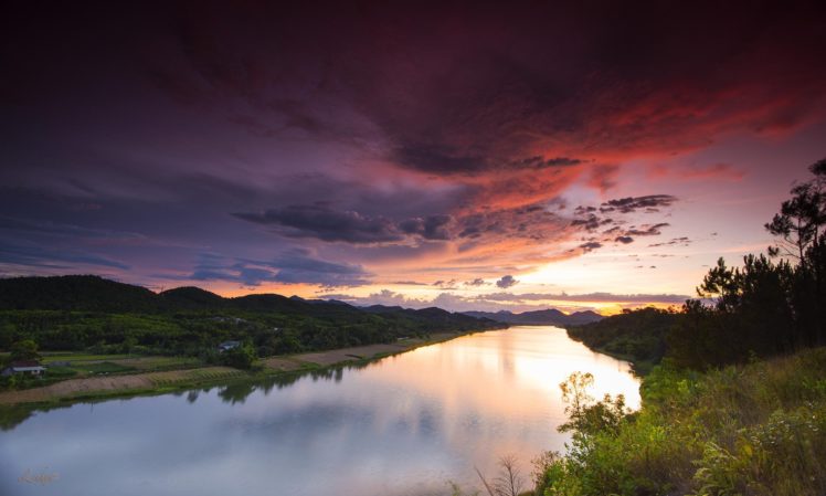 landscape, Nature, Sunset, River, Sky, Clouds, Hue, Vietnam HD Wallpaper Desktop Background