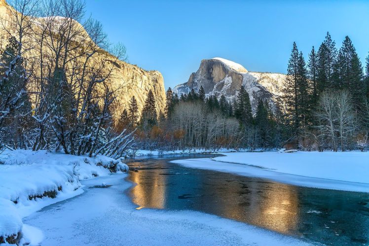 landscape, Nature, Winter, Snow, River, Mountains, Yosemite, Ca HD Wallpaper Desktop Background
