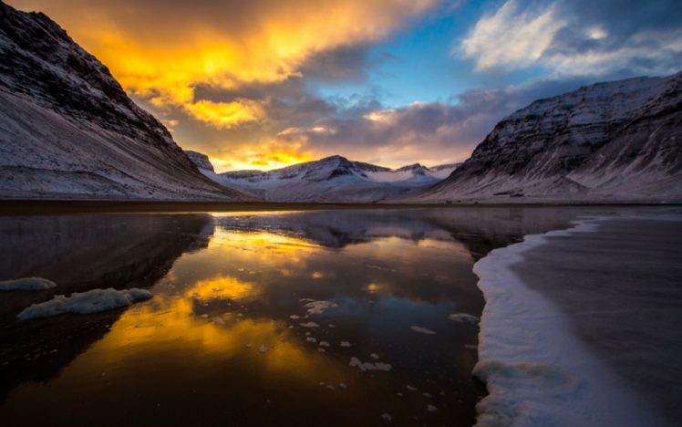 ice, Snow, Lake, Cold, Mountains, Sunset, Winter HD Wallpaper Desktop Background