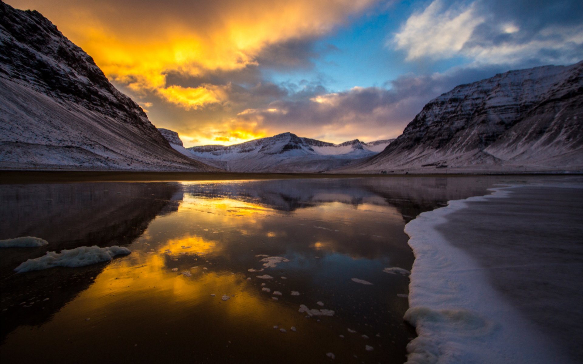 ice, Snow, Lake, Cold, Mountains, Sunset, Winter Wallpaper