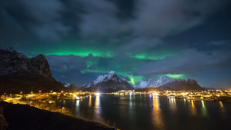 night, Lofoten, Islands, Norway, Night, Sky, City HD Wallpaper Desktop Background