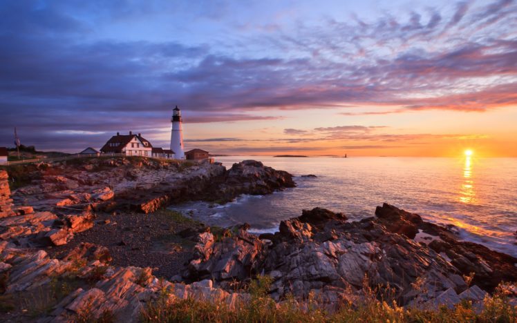 sun, Lighthouse, Rock, Portland, Sea HD Wallpaper Desktop Background