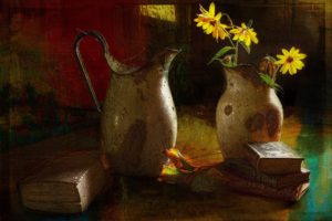 pitcher, Flowers, Poppies, Book, Style, Still, Life, Painting, Art