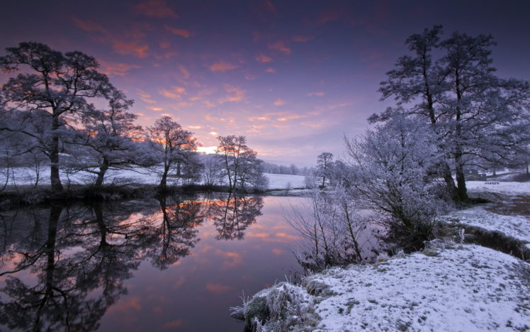 landscapes, Winter, Snow, Reflection, Water, Sky, Clouds, Sunset, Sunrise, Trees HD Wallpaper Desktop Background