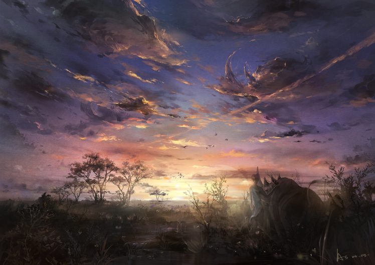 animal, Asenliy, Bird, Clouds, Landscape, Original, Scenic, Sky, Sunset, Tree HD Wallpaper Desktop Background