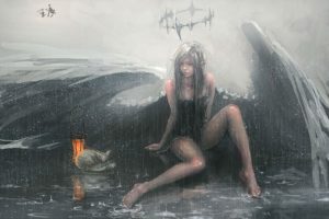 animal, Barefoot, Cat, Dress, Gray, Hair, Halo, Long, Hair, Original, Pointed, Ears, Rain, Signed, Water, Wet, Wings, Wlop