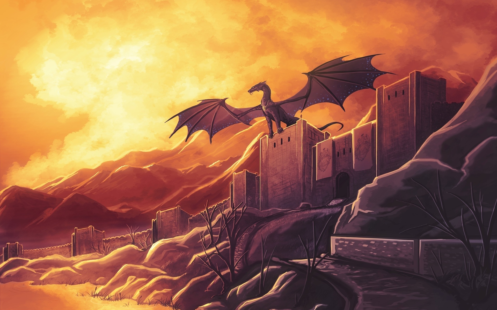 fantasy, Art, Dragons, Castle, Landscapes, Sunset, Sunrise Wallpaper