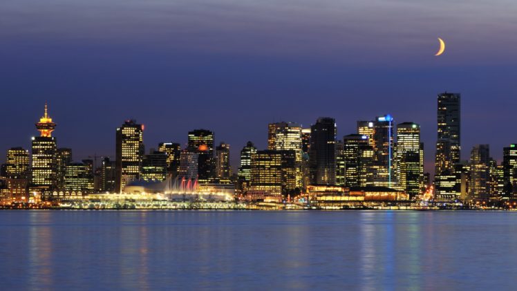 vancouver, Canada, Architecture, Buildings, Skyscrapers, Night, Sky, Moon, Skyline, Cityscapes HD Wallpaper Desktop Background