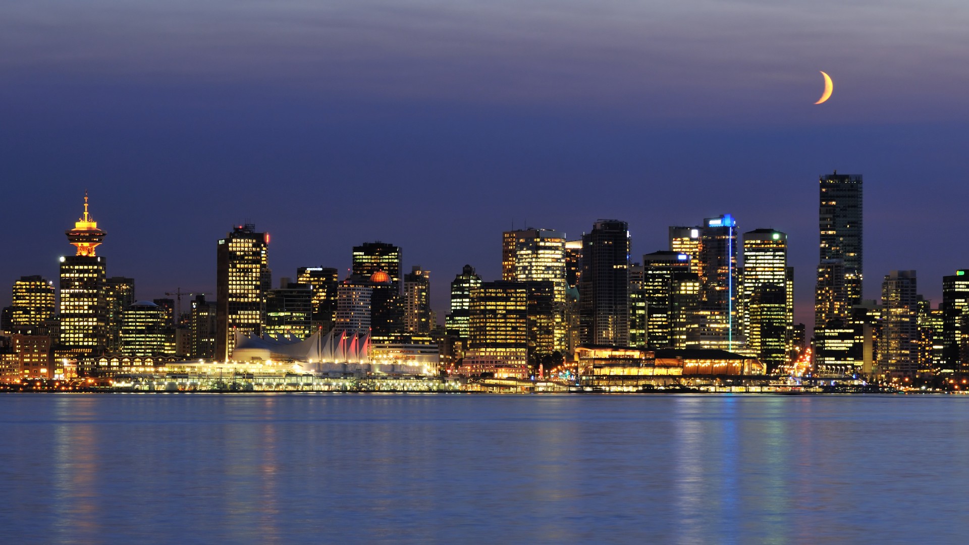 vancouver, Canada, Architecture, Buildings, Skyscrapers, Night, Sky, Moon, Skyline, Cityscapes Wallpaper