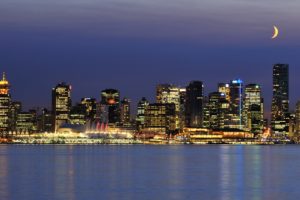 vancouver, Canada, Architecture, Buildings, Skyscrapers, Night, Sky, Moon, Skyline, Cityscapes