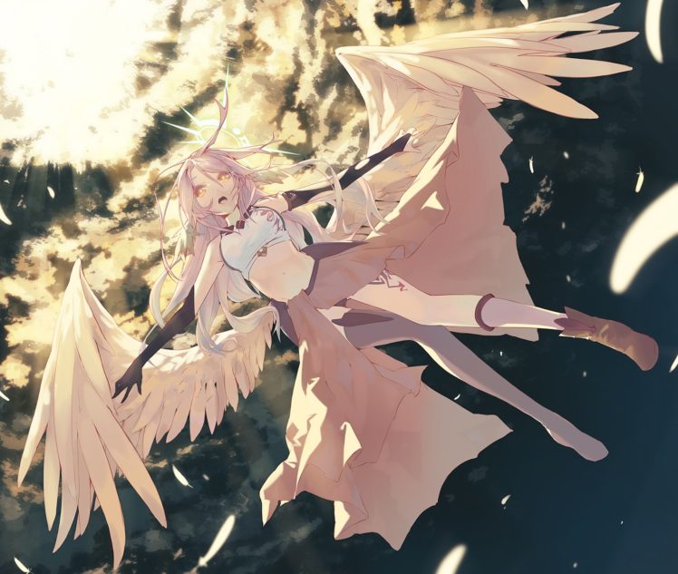boots, Elbow, Gloves, Feathers, Halo, Jibril, Kneehighs, La na, Long, Hair, No, Game, No, Life, Orange, Hair, Pink, Hair, Thighhighs, Wings HD Wallpaper Desktop Background