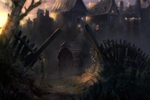 china, Village, Art, Cities, Dark, Fantasy, People, Weapon, Sword, Landscapes, Buildings, Spooky, Creepy