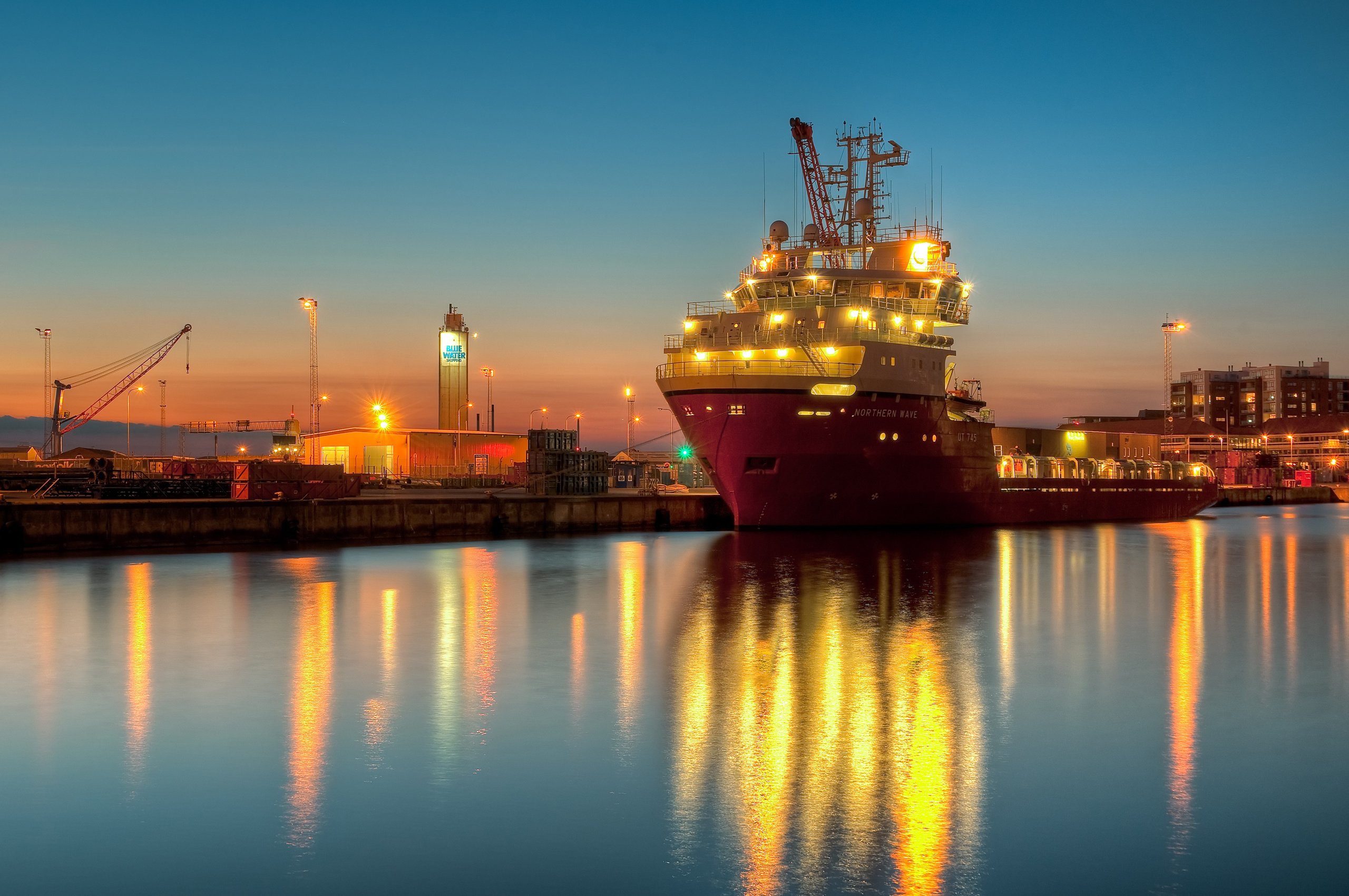 evening, Lights, Pier, Dock, Boat, Barge Wallpaper