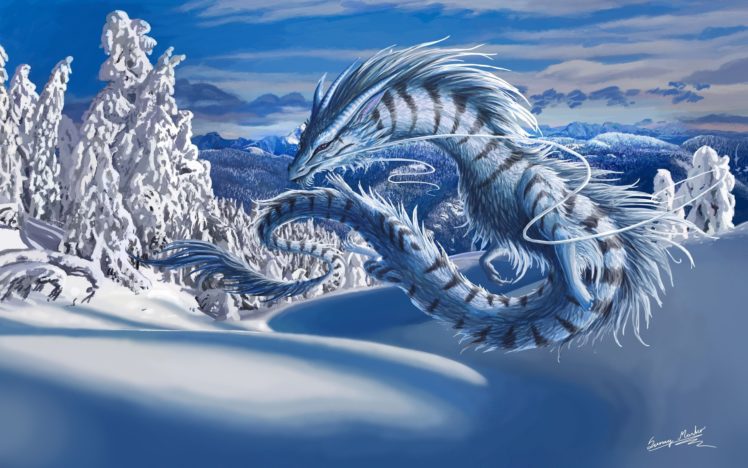 fantasy, Art, Dragon, Monster, Creature, Landscapes, Snow, Winter HD Wallpaper Desktop Background