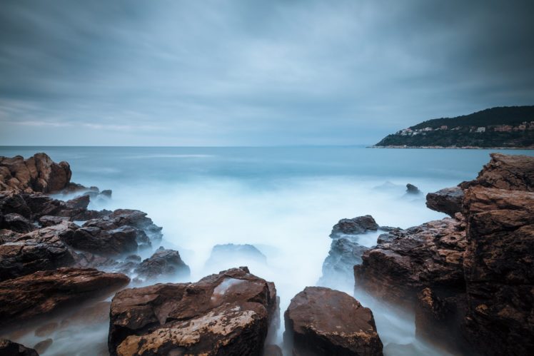 stones, Beach, Clouds, Sea, Cliff HD Wallpaper Desktop Background