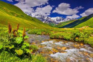 scenery, Mountains, Stream, Grass, Clouds, Nature