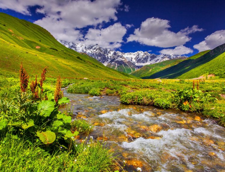 scenery, Mountains, Stream, Grass, Clouds, Nature HD Wallpaper Desktop Background
