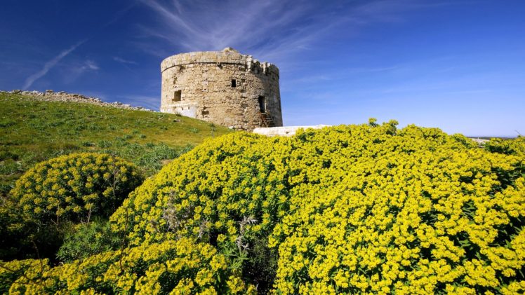 landscpaes, Nature, Flowers, Hills, Architecture, Buildings, Castles, Sky, Decay, Ruins HD Wallpaper Desktop Background