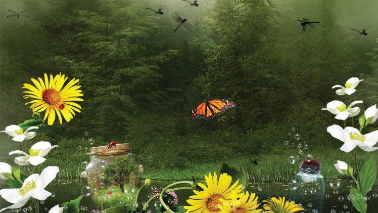 flowers, Forest, Butterfly, Bokeh, Lake, Bubbles, Creative, Fantasy HD Wallpaper Desktop Background