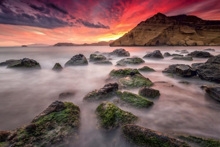 landscape, Sunset, Sea, Rocks, Stones, Clouds HD Wallpaper Desktop Background