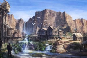 waterfall, Settlement, House, Rocks, Art, Village, Rustic