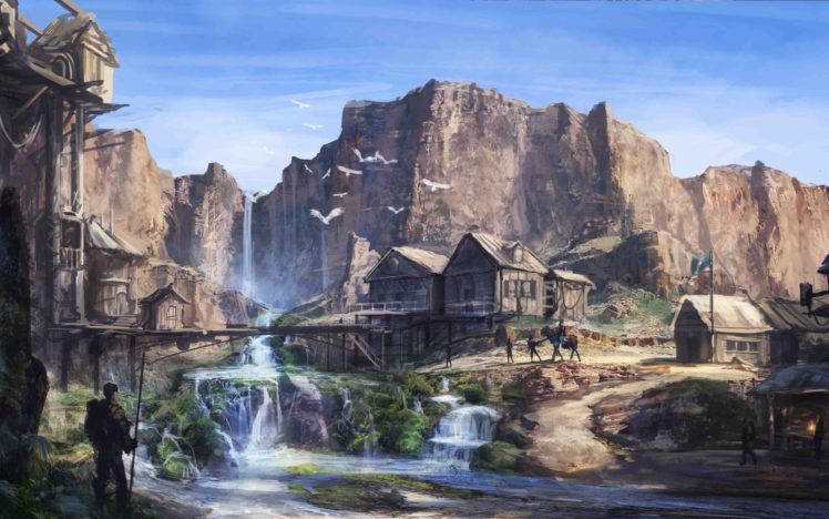 waterfall, Settlement, House, Rocks, Art, Village, Rustic HD Wallpaper Desktop Background