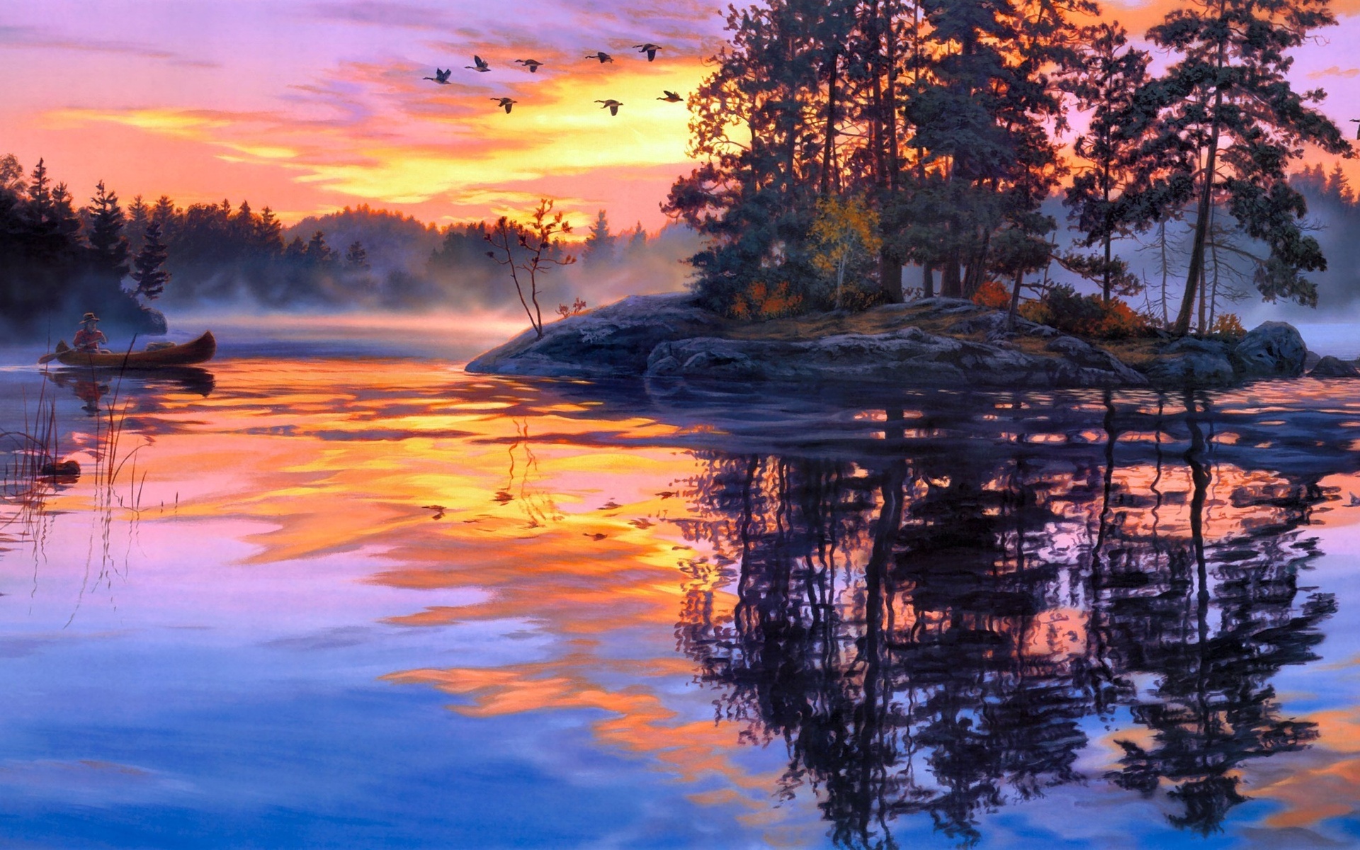 darrell, Bush, Art, Paintings, Lakes, Water, Reflection, Sky, Clouds, Sunset, Sunrise, Boats, Fishing, People, Birds, Islands, Fog Wallpaper