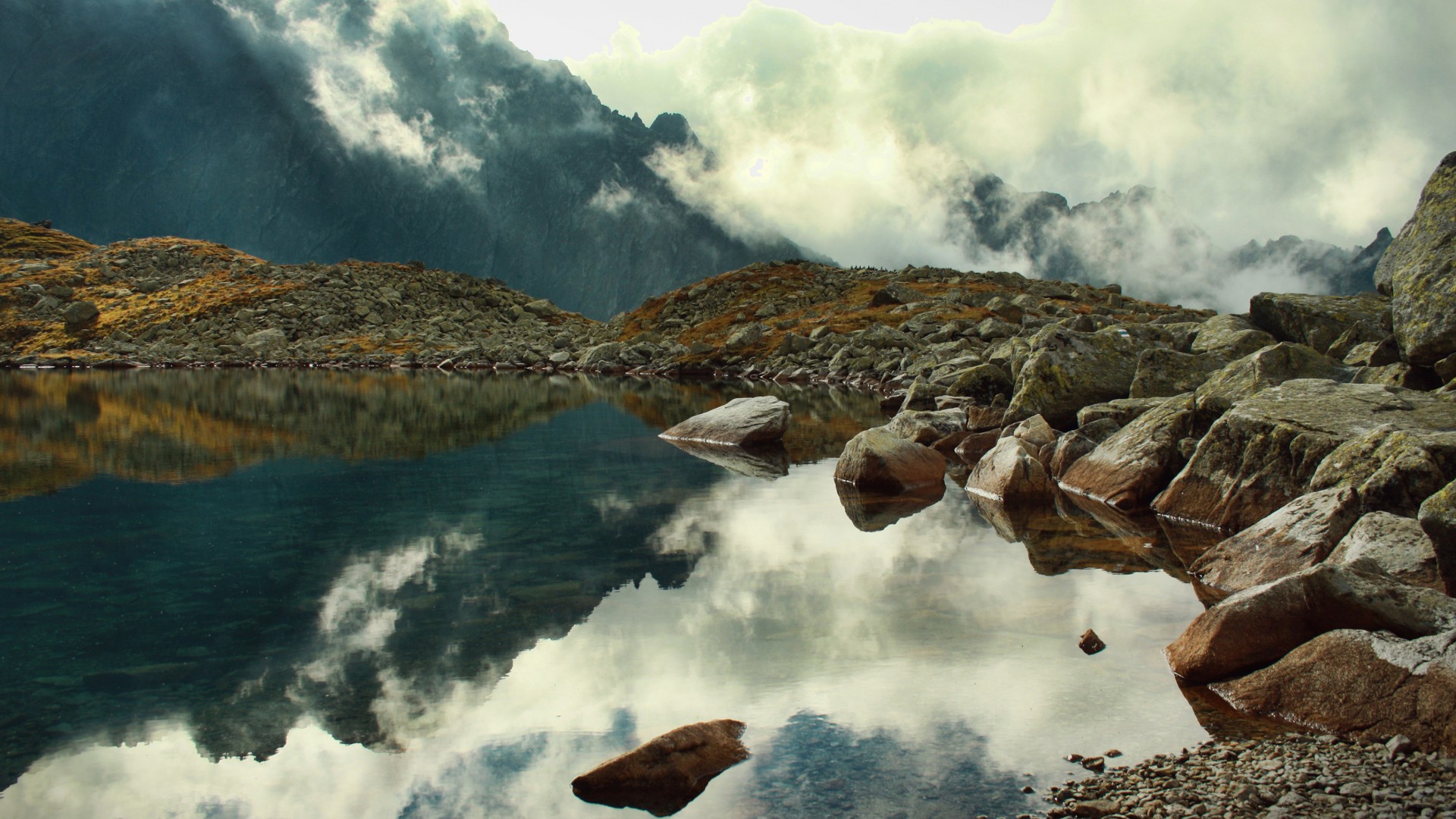 landscapes, Lakes, Reflection, Water, Mountains, Clouds Wallpaper